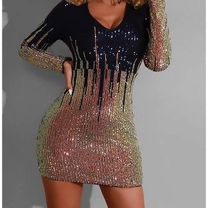 Party mini dress sequined gold/pink on black, L